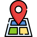 Icono de un marcador de ubicación sobre un mapa, representando la navegación y la búsqueda de direcciones.